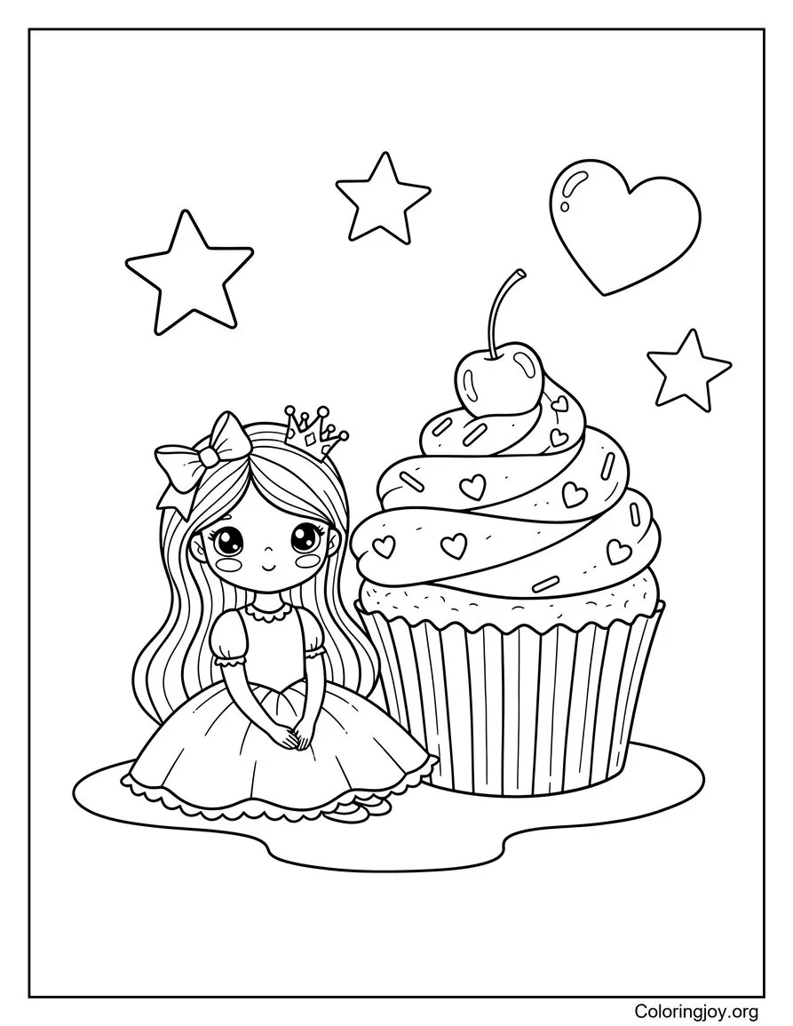 Place a princess next to an oversized decorative cupcake.