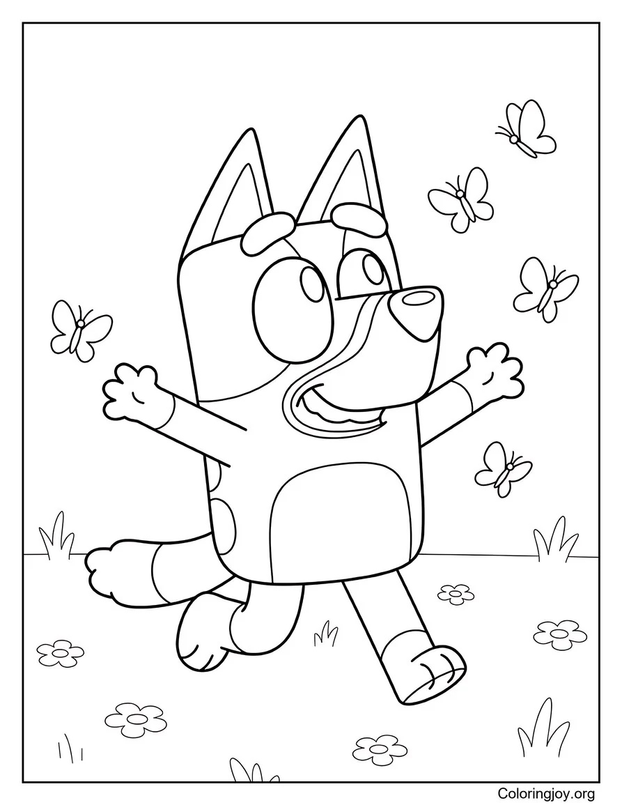 Across a sunny spring yard, Bluey chases butterflies with laughter.