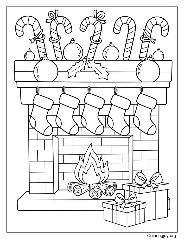 Christmas fireplace with candy canes coloring page
