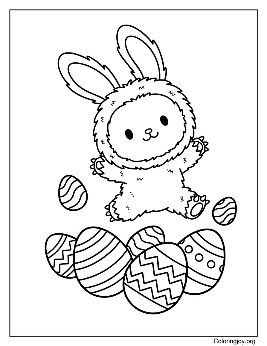 This playful page shows Labubu hopping over pastel-colored Easter eggs.