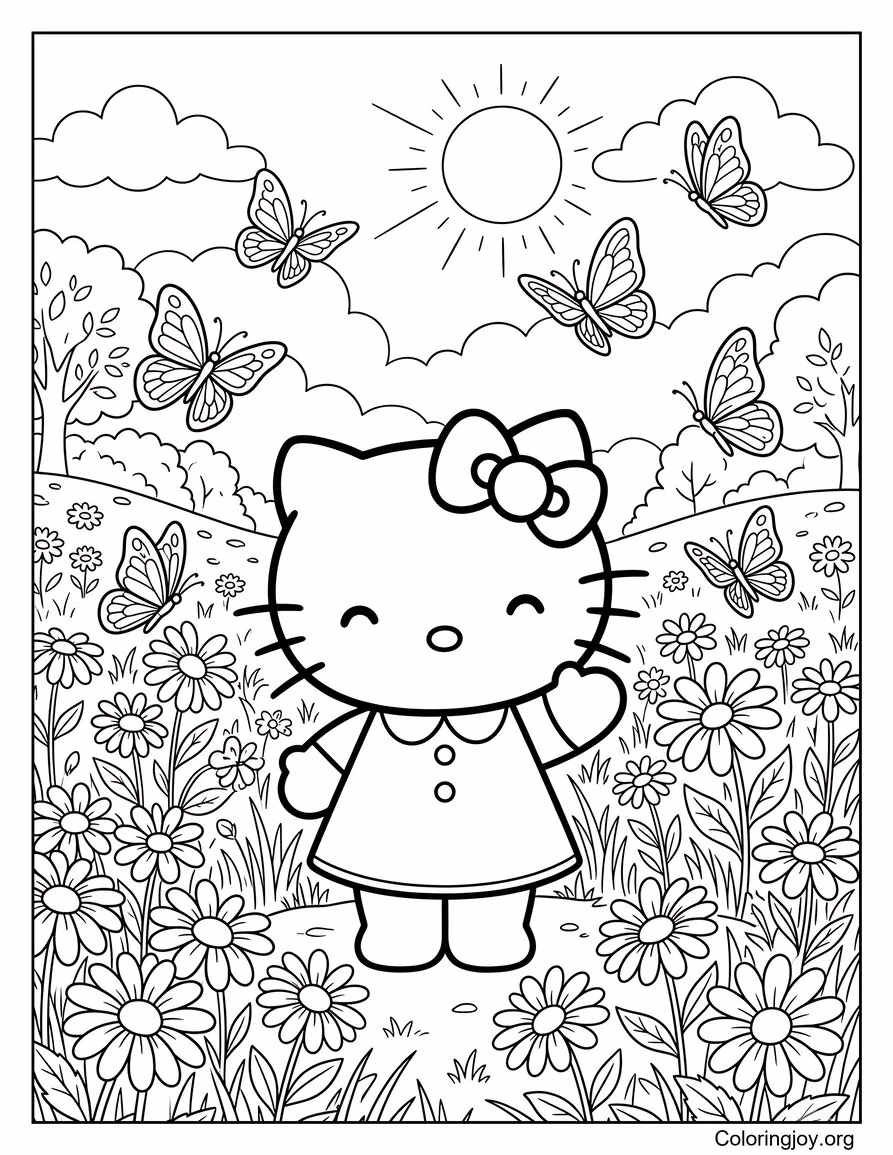Daisy Field with Butterflies and Hello Kitty