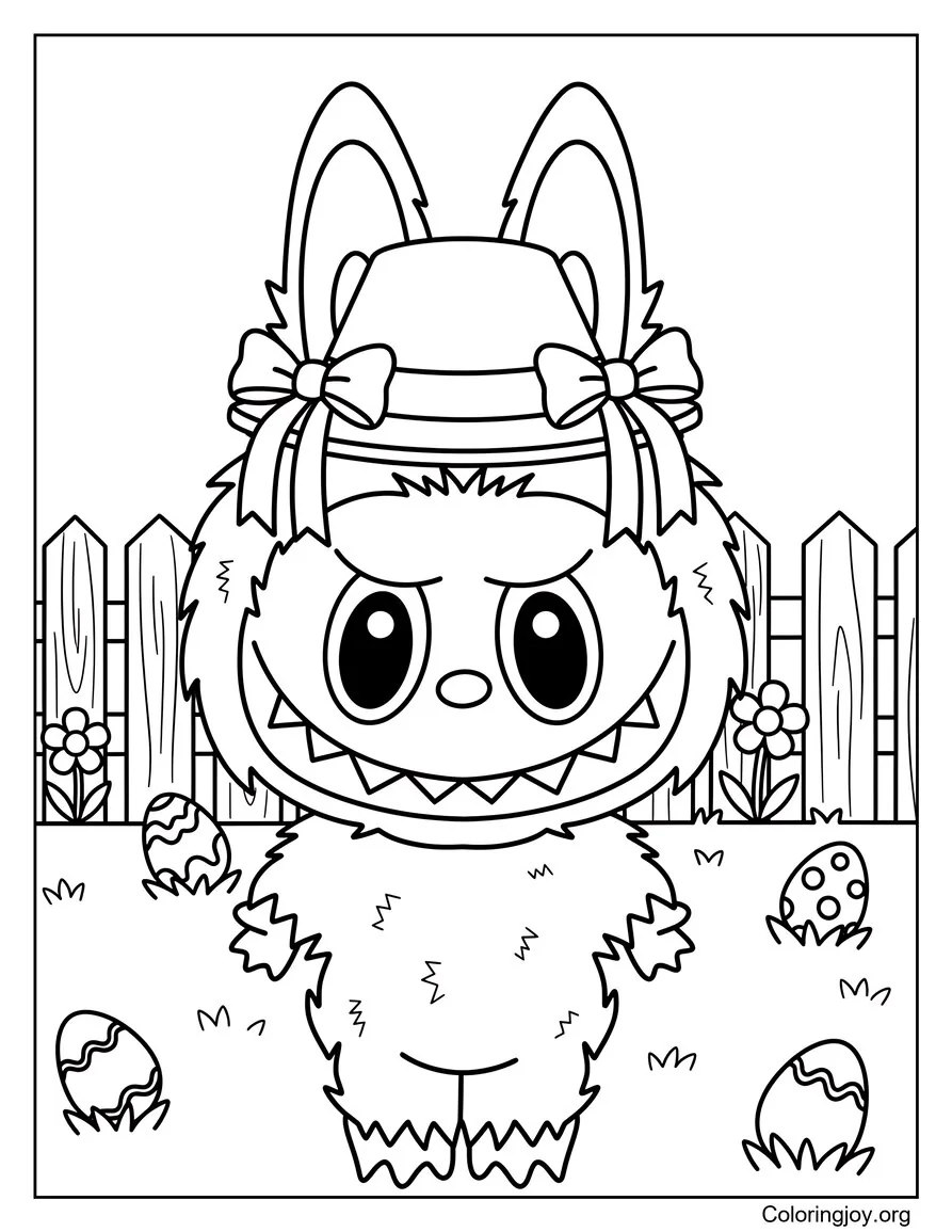 This festive moment shows Labubu wearing a cute Easter hat with ribbons.