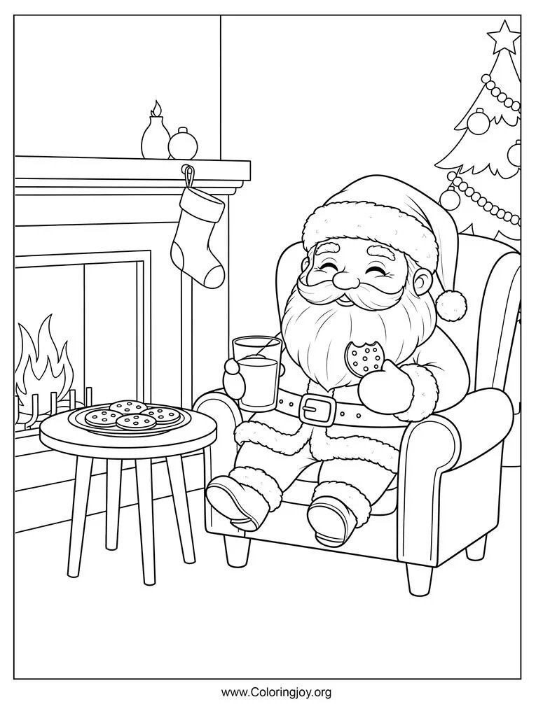 Santa Claus drinking milk and cookies coloring page