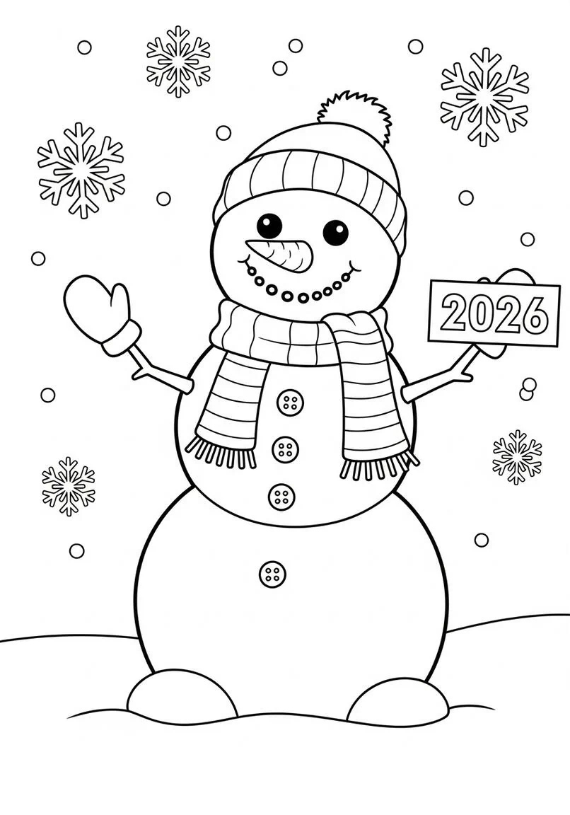Cheerful Snowman with 2026 Banner Winter Coloring Page