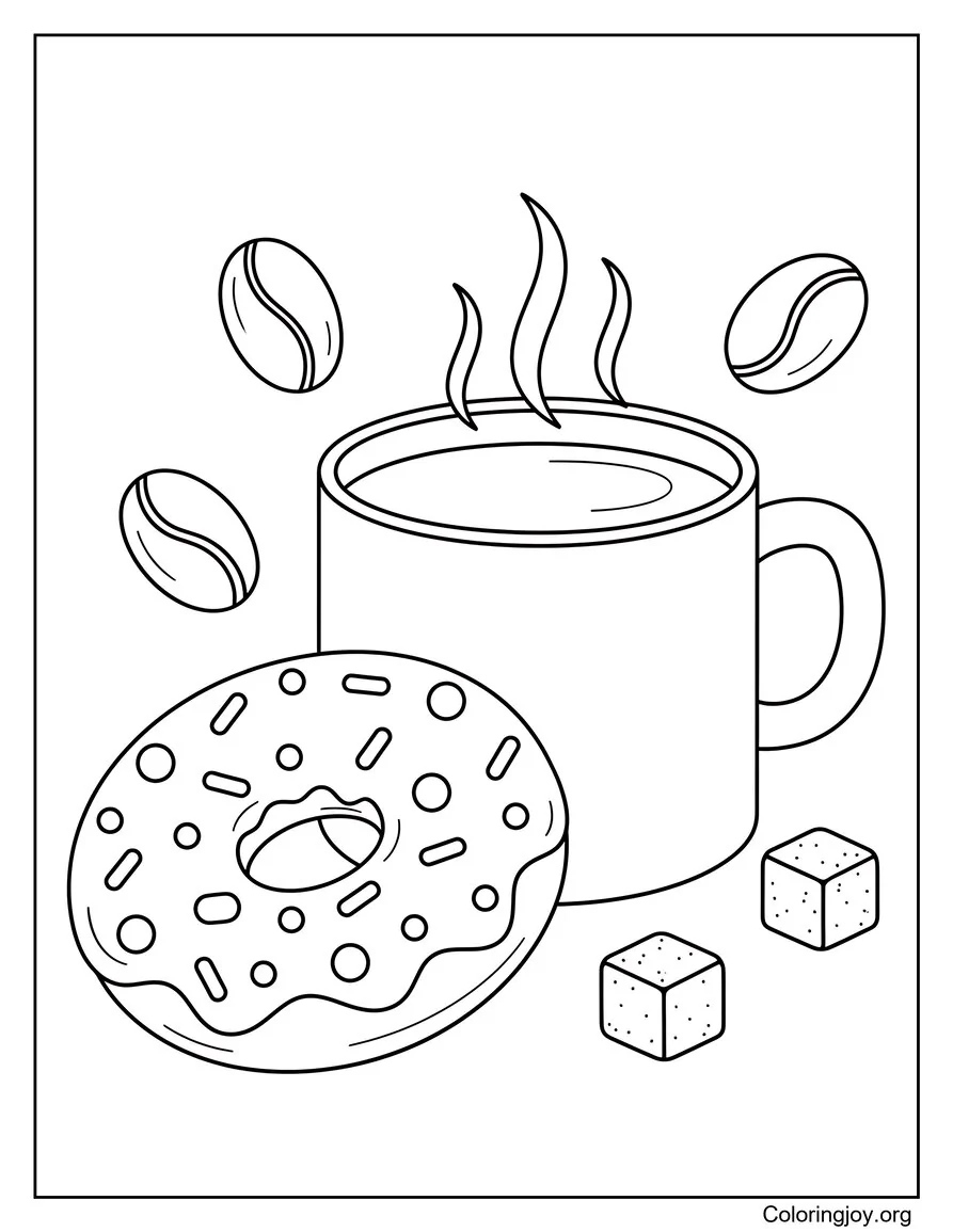 This donut with a steaming cup of coffee invites cozy coloring.