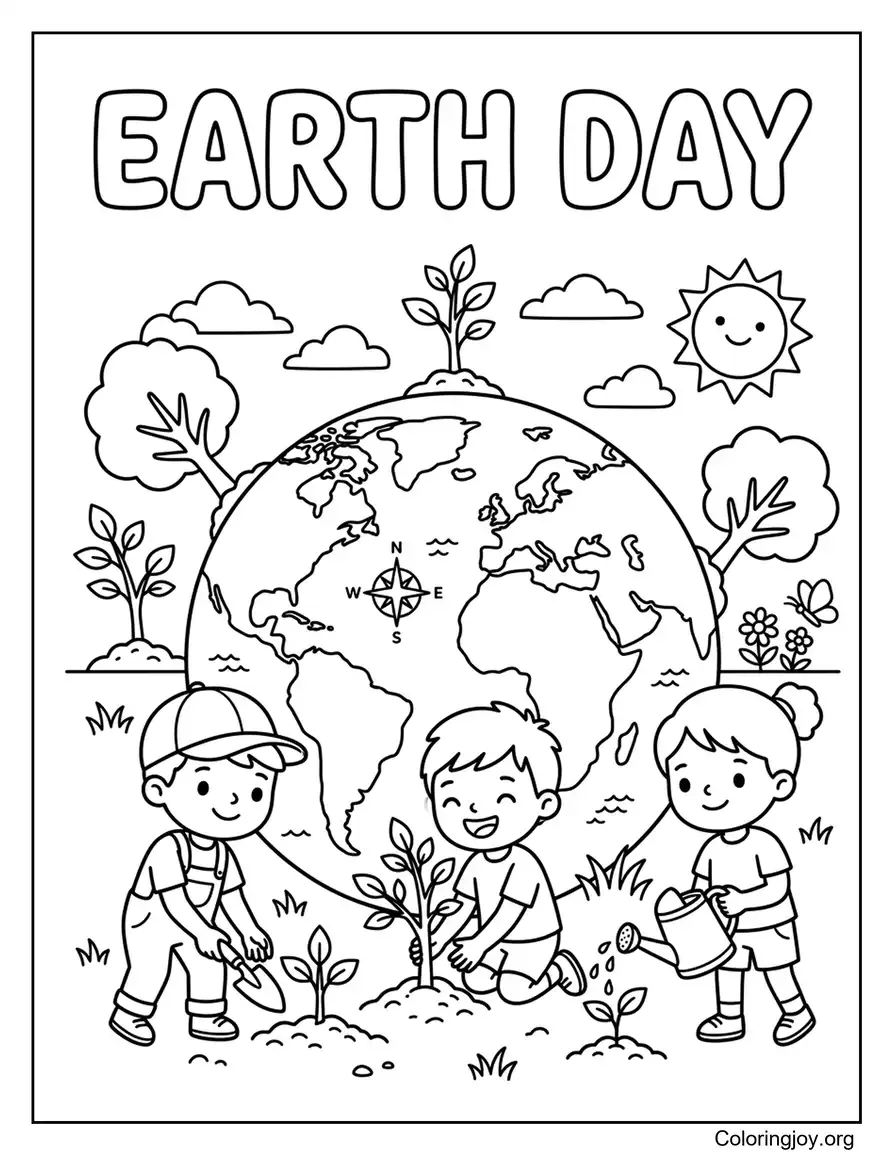 Earth Day Text With Kids Planting Trees Around The Globe