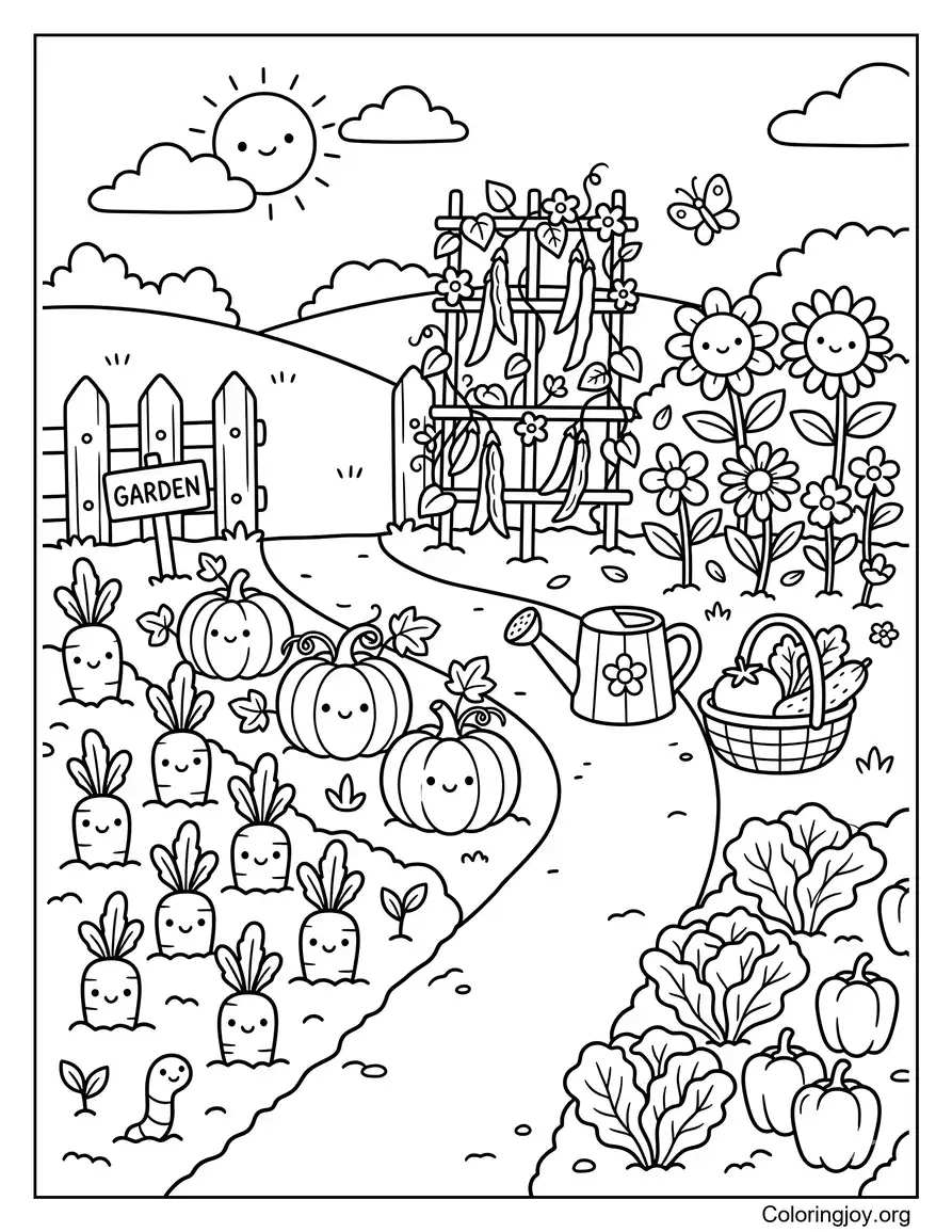 Garden Scene With Vegetables And Flowers