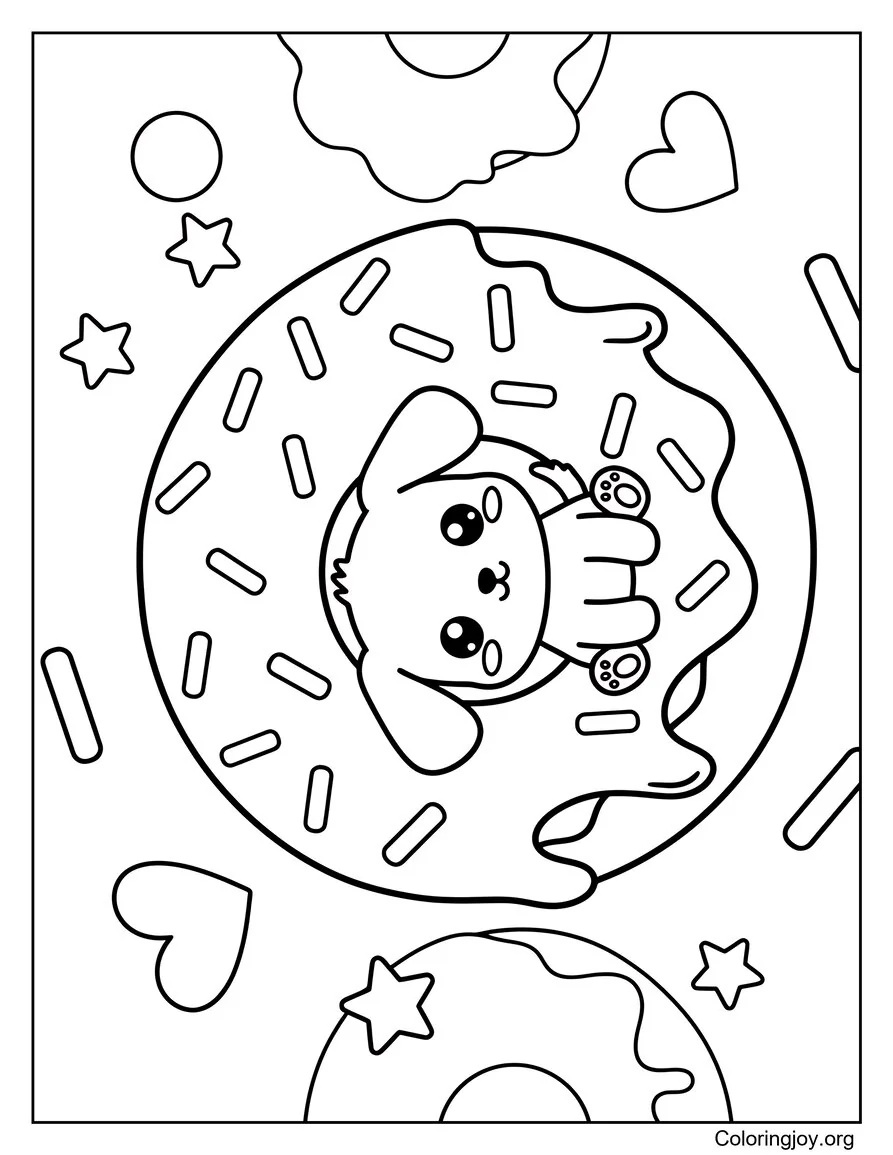 Watch a tiny puppy peek from the center of a frosted donut.
