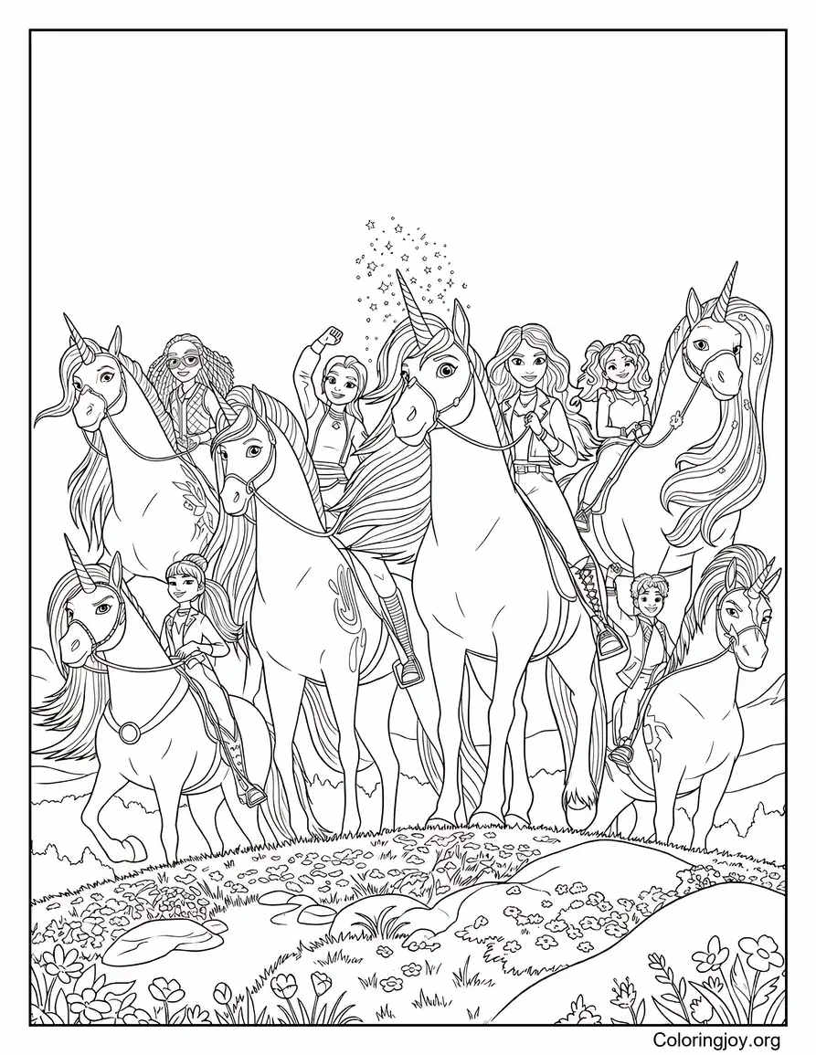 Unicorn Academy Riders and Unicorn Coloring Pages