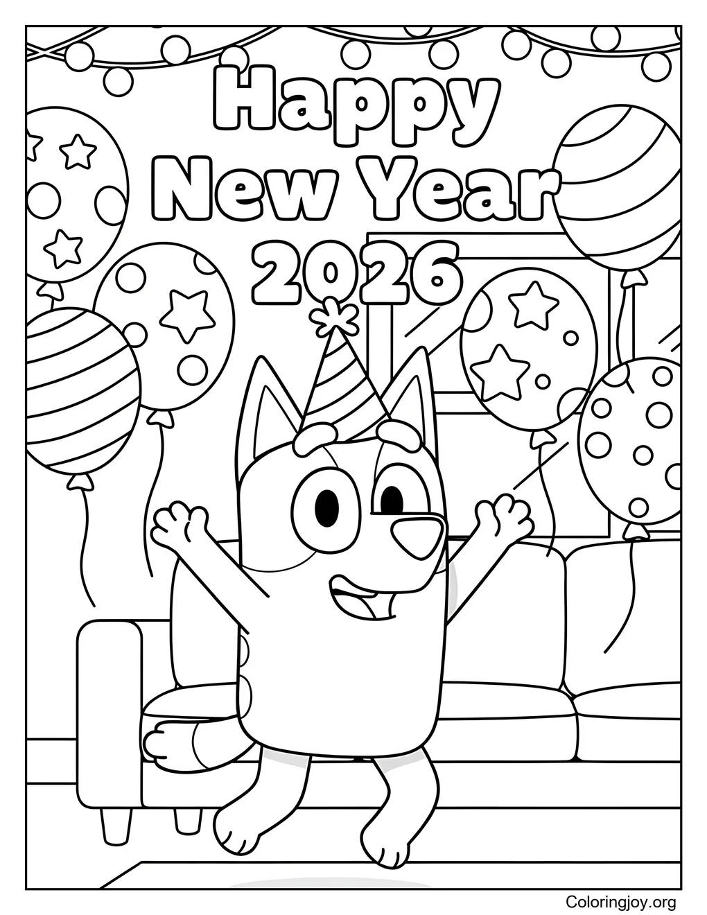 Coloring page of Bluey New Year
