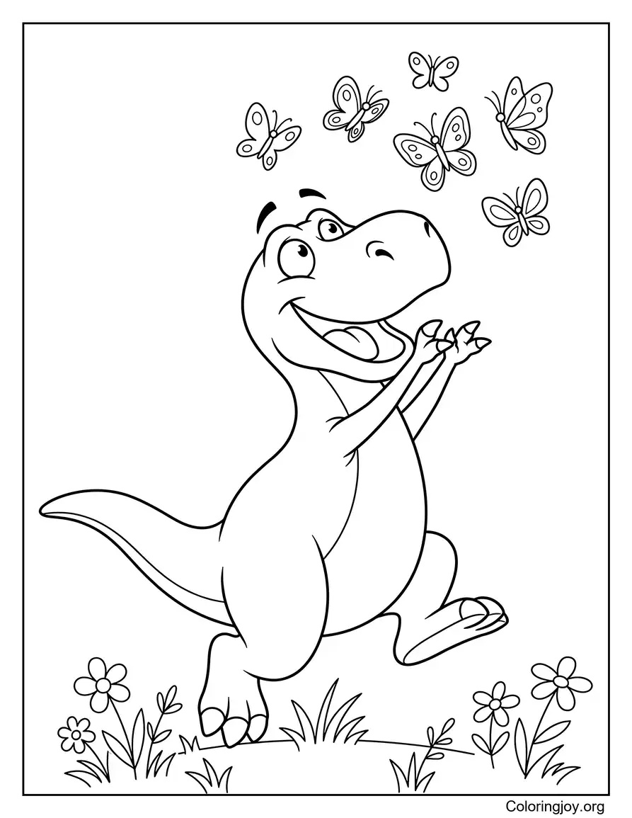 Butterfly Chase Cute Dinosaur Coloring Sheet