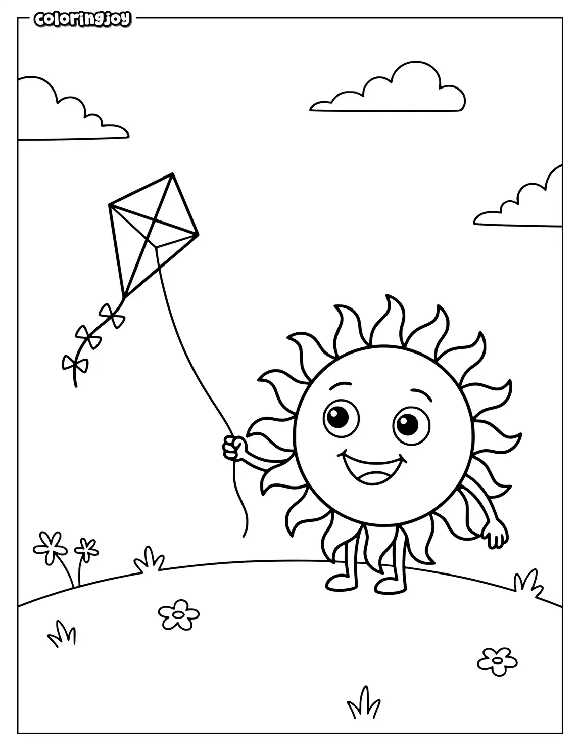 Happy sun flying a simple kite.