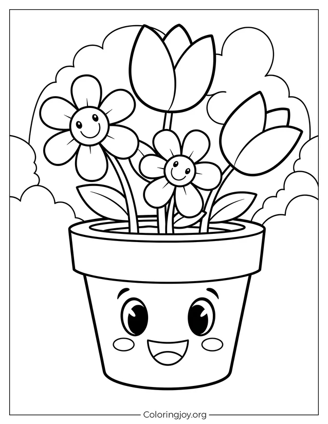 Cute Flower Pot with Happy Flowers