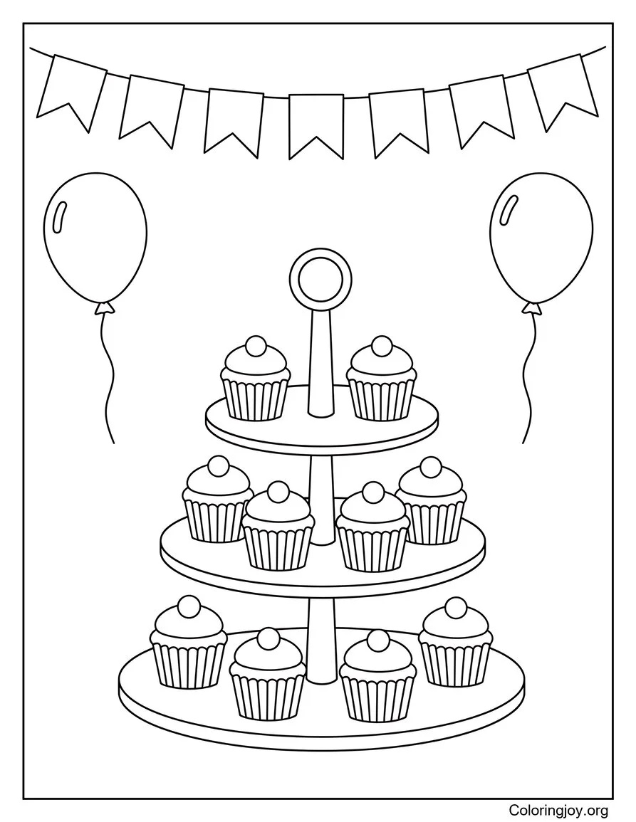 Fill a tiered cupcake stand with treats, party bunting above.