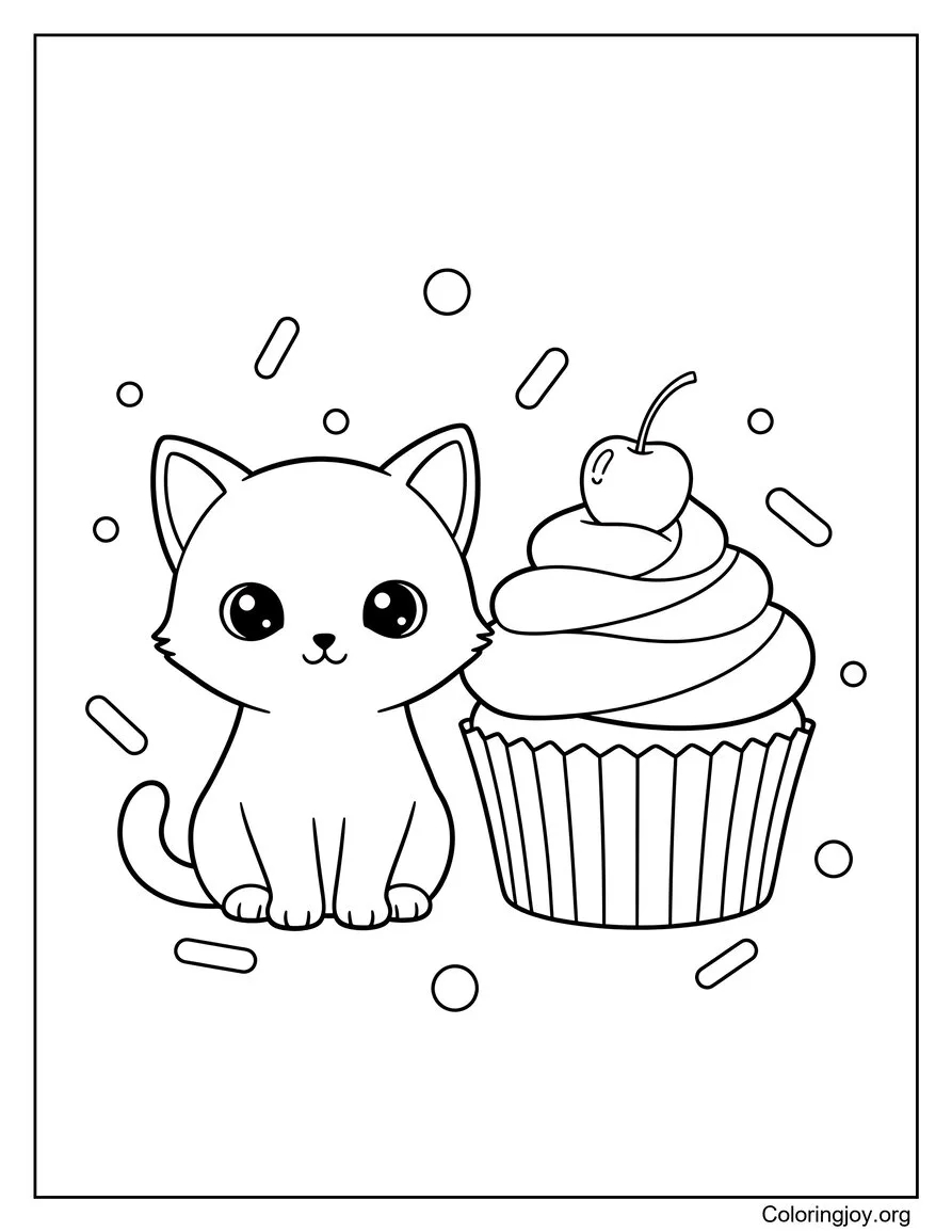 Watch a kitten admire a frosted cupcake with floating sprinkles.