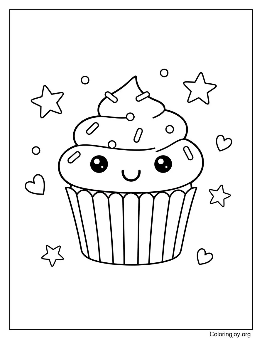 Show a smiling cupcake with sprinkles and tiny floating shapes.