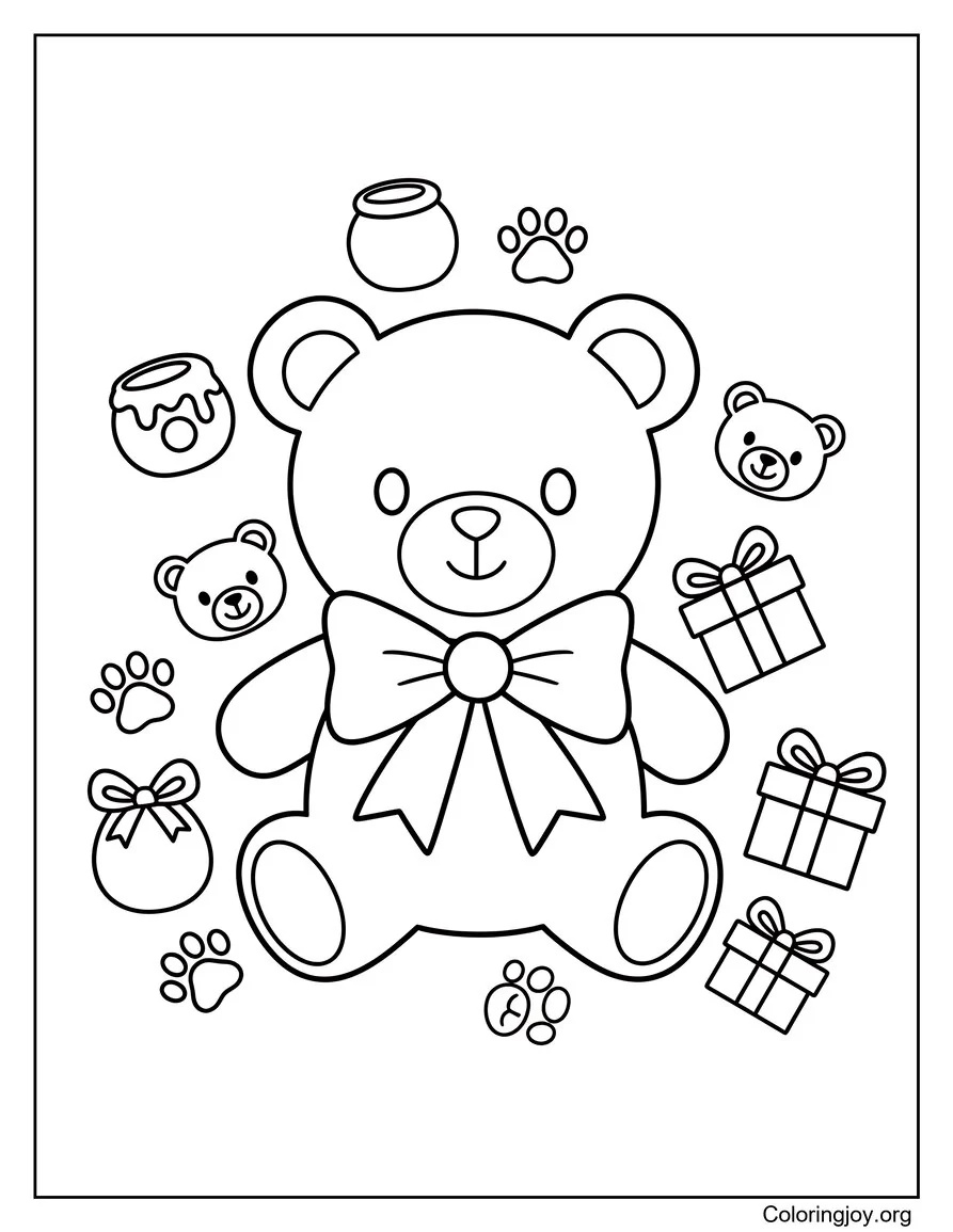 Smiling teddy bear wears a giant bow and looks soft and friendly.
