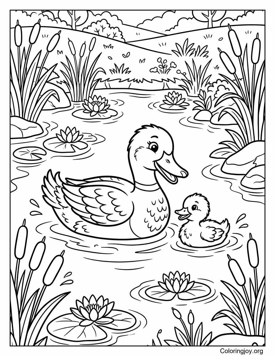 Duck and Duckling Coloring Page