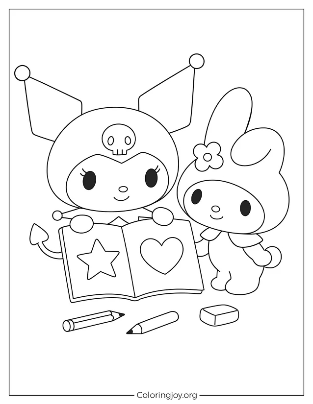Printable Kuromi and My Melody Art Time Coloring Page for Kids