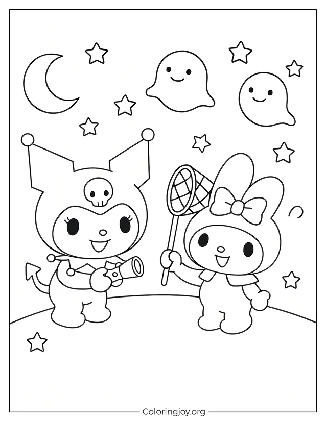 Kuromi and My Melody search for cute ghosts on a spooky night.