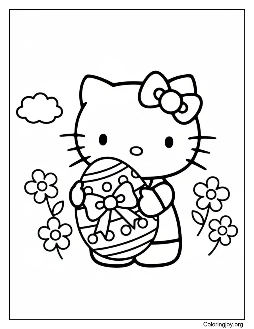 Hello Kitty holds a beautifully decorated Easter egg and smiles proudly.