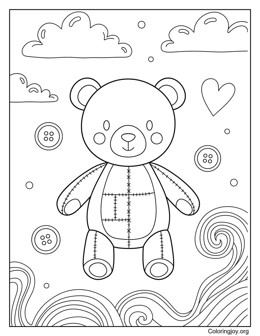 With patchwork designs, a teddy bear sits neatly with simple stitches.
