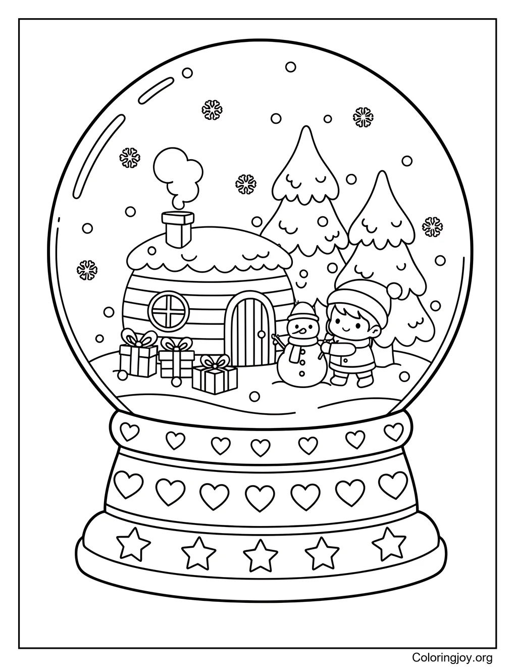 Snow Globe Scene,Color a magical winter world inside a globe.
