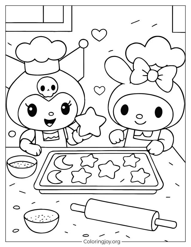 Kuromi and My Melody bake star and moon cookies together.