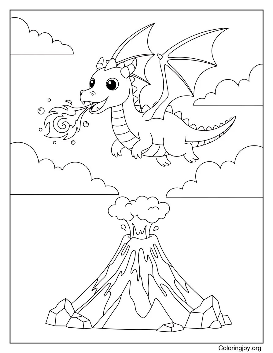 This majestic dragon flies high above a fiery volcano with strong wings.