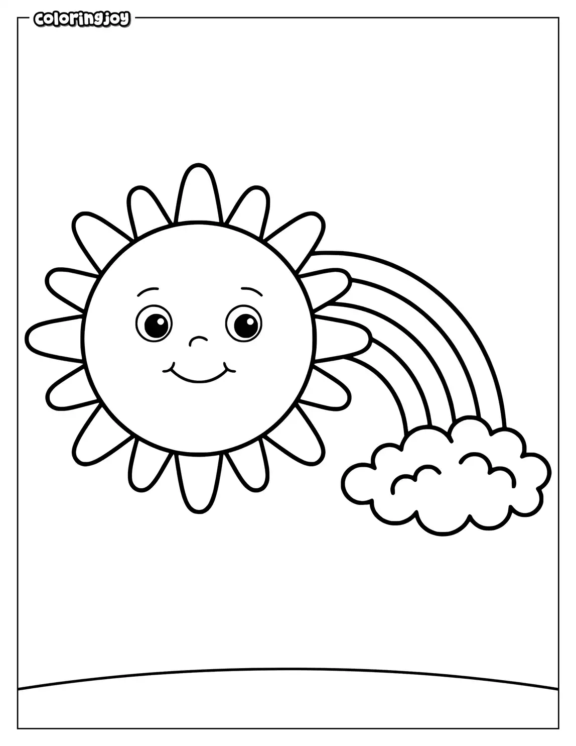 Cheerful sun beside a curved rainbow.