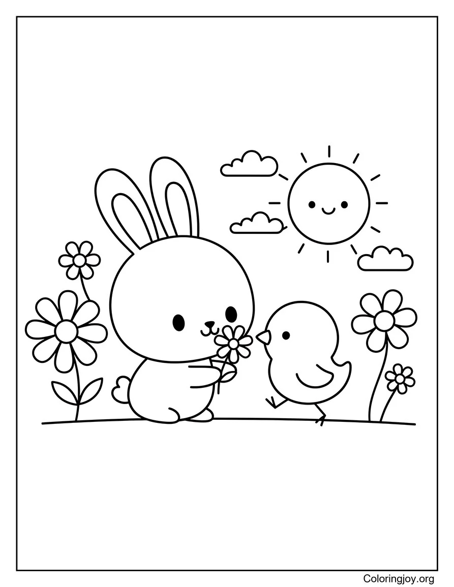 Bunny and chick friends playing together