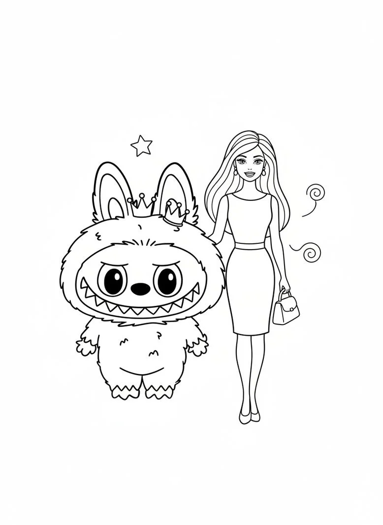 labubu and barbie coloring page