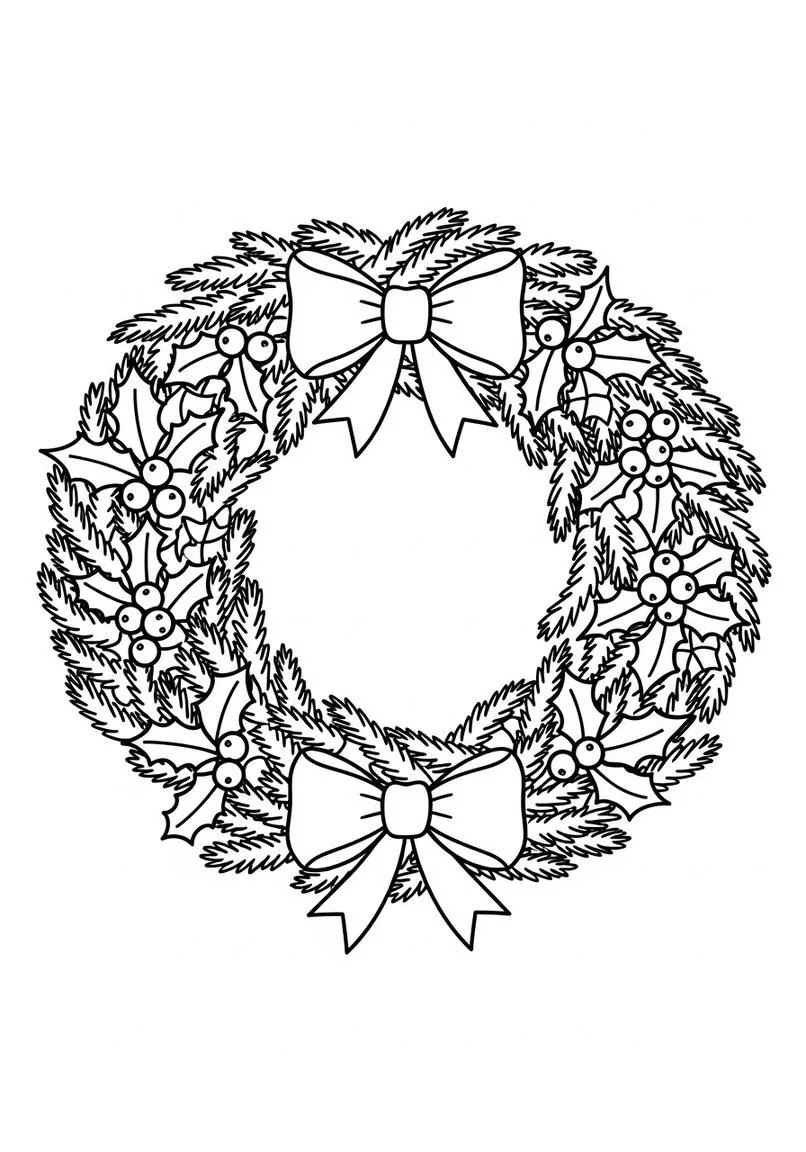 Round Christmas Wreath with Holly and Bow Coloring Page