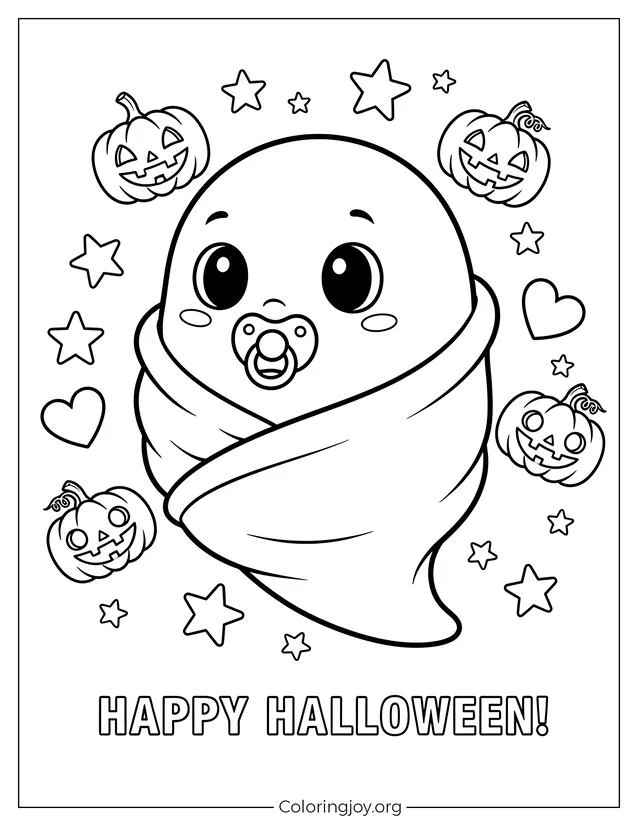 cute baby ghost with a pacifier and blanket