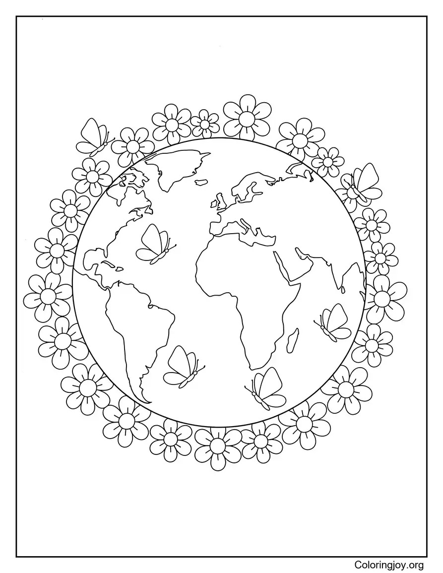 Earth Surrounded By Flowers And Butterflies