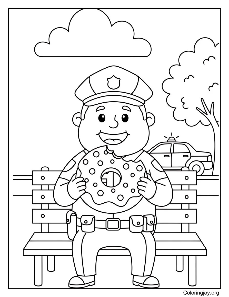 A donut police officer enjoys a snack on a sunny park bench.