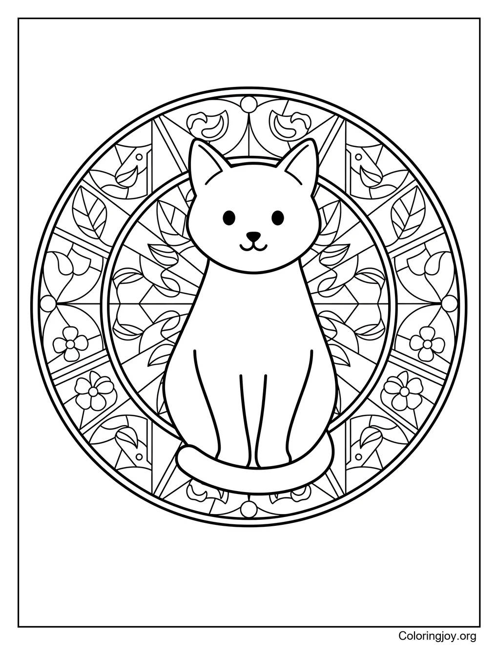 Colored light surrounds this cat sitting inside a stained glass scene.