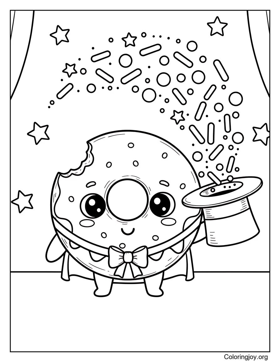A magical donut pulls sparkling sprinkles from a tall top hat.
