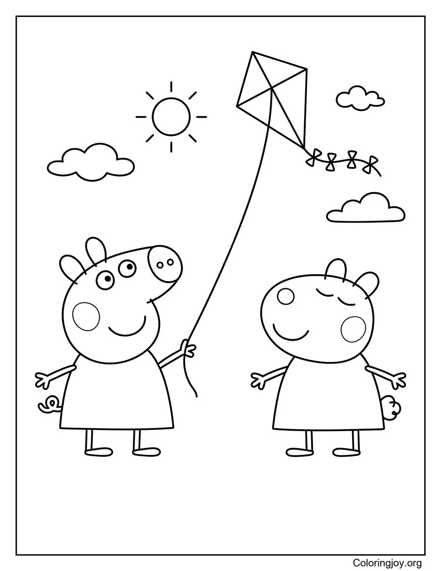Flying a Kite in Summer Peppa Pig-Inspired Coloring Page