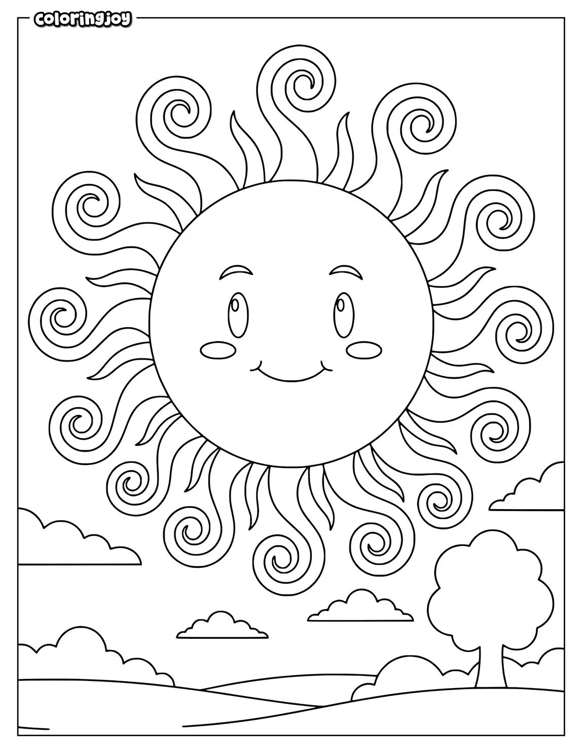 Playful sun with curly spiral rays.