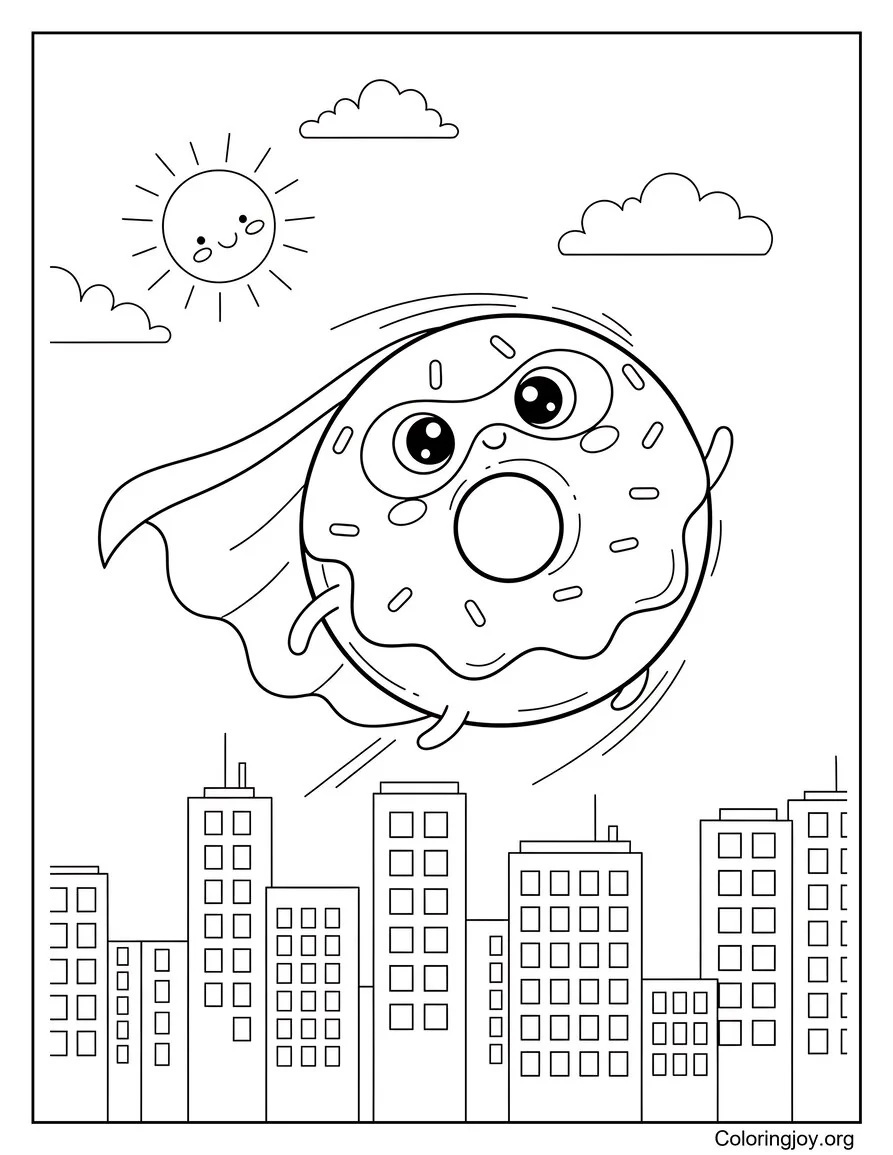 Here a superhero donut soars above a cartoon city in a cape.