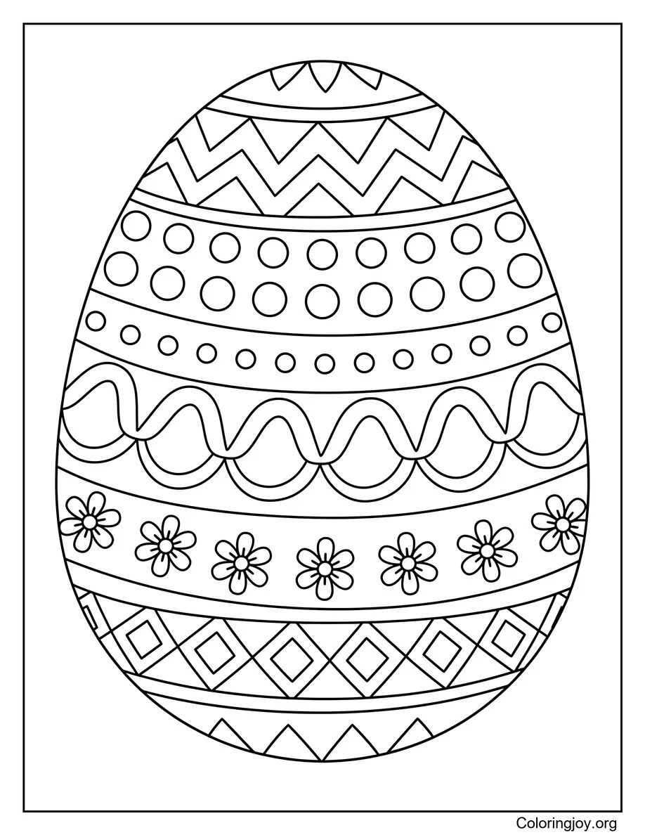 Here a big Easter egg shows zigzags, dots, and tiny flowers.