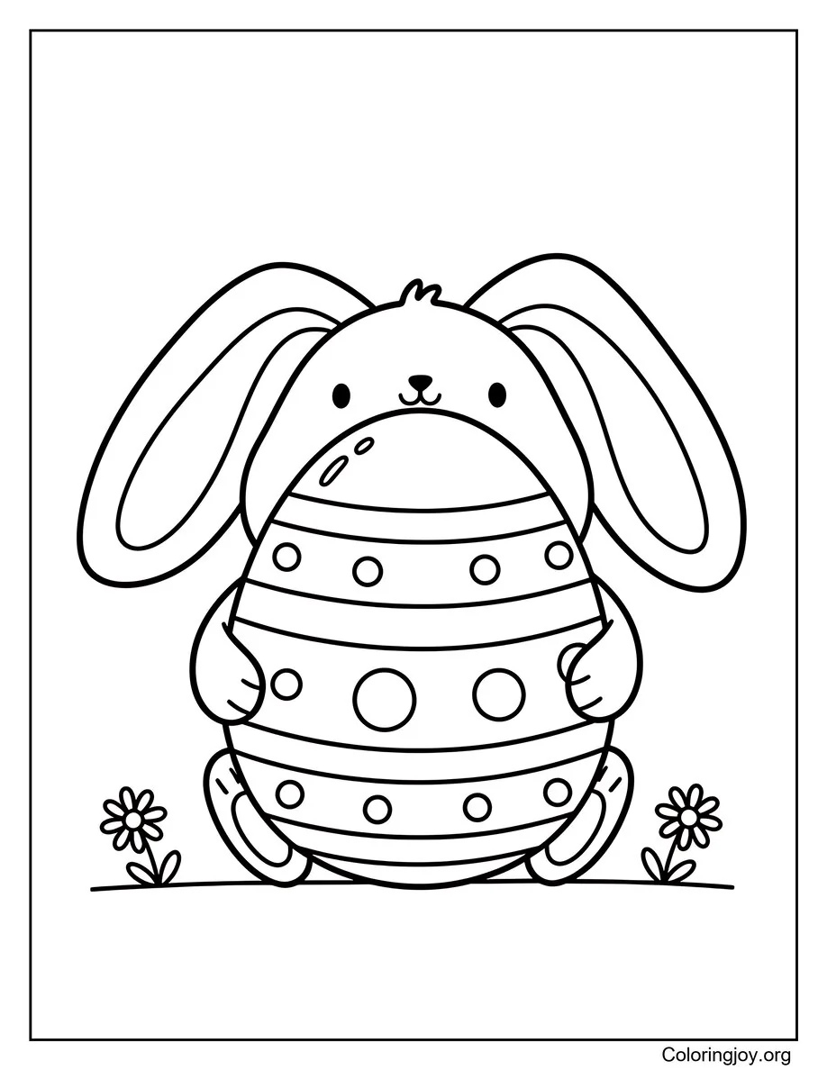 This bunny hugs a large patterned egg with a happy smile.