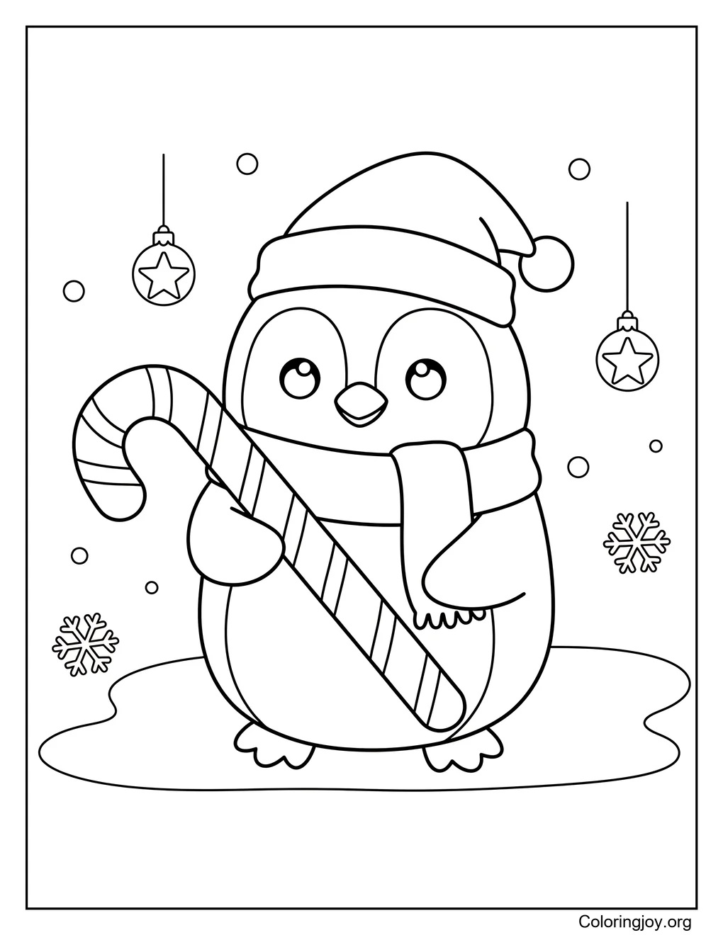 christmas Penguin with Candy Cane Coloring Page