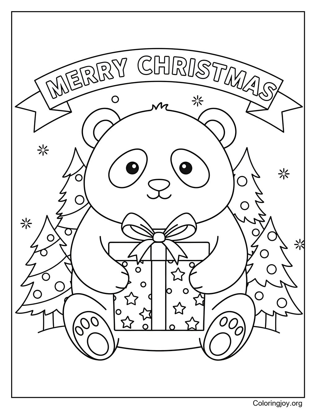 Panda with Christmas Gift Box Coloring Page