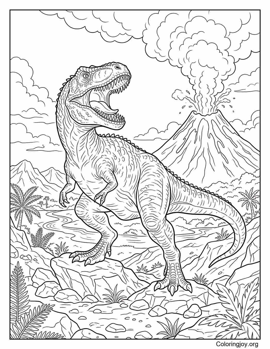 Giganotosaurus Roaring Near a Volcano