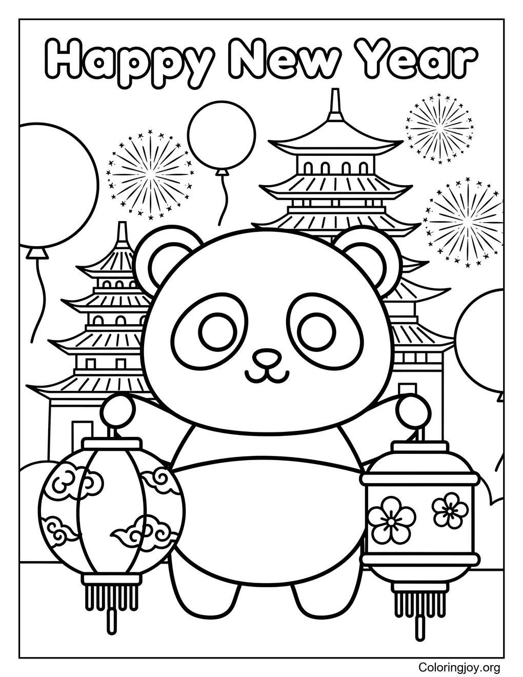 Panda New Year cute color sheet for kids