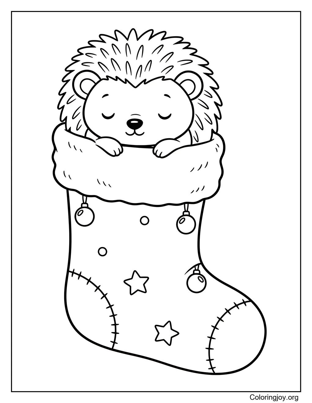 Plump Baby Hedgehog in Christmas Stocking Coloring Page