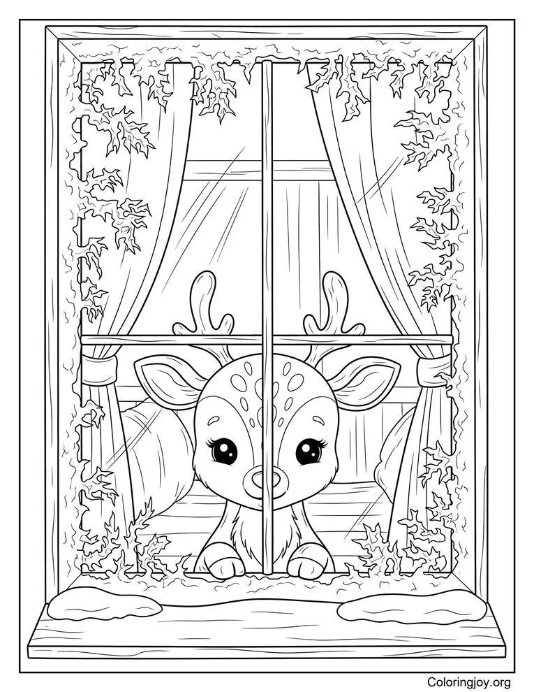 Reindeer peeking through a frosty window coloring page