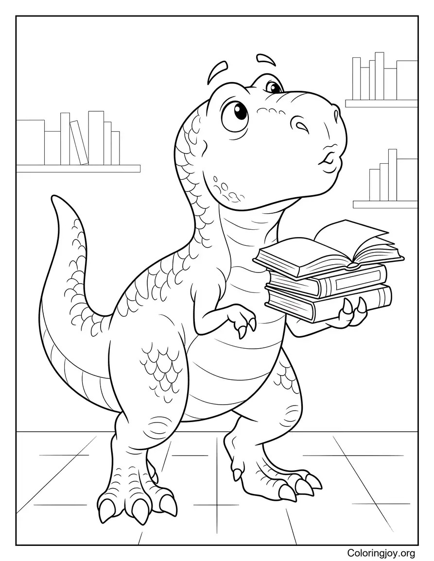Reading Books in Library T-Rex Coloring Sheet